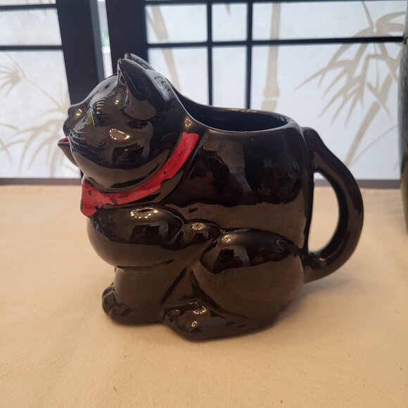 50s Shaffordshire Redware Black Cat Kitten Pitcher Creamer - Hand Decorated - Picture 2 of 6